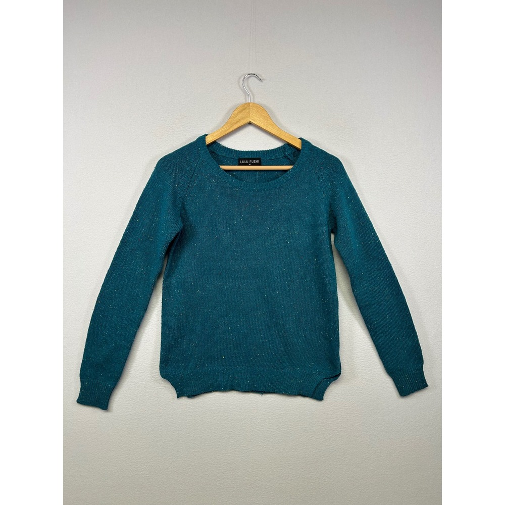 Dark Academia Lulu Fushi Womens Med Teal Confetti Knit Button Back Sweater Patch